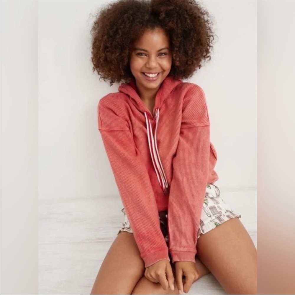 Aerie New Love Corded Ribbed Hoodie Red Coral Oversized